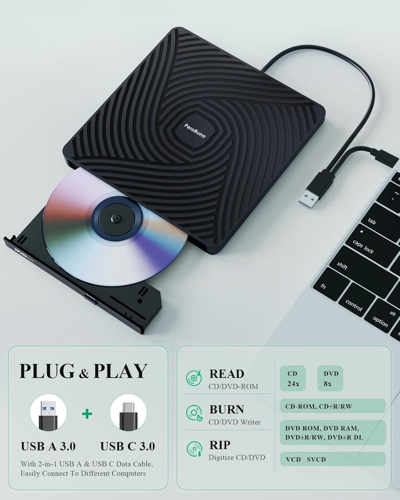 PeroBuno External CD DVD Drive, USB 3.0 Type-C Optical Drive, 0.5-inch Ultra-Slim Portable DVD CD ROM Disc Player Reader Writer Rewriter Burner Recorder for Laptop PC MacBook Windows Linux Mac OS - Image 3